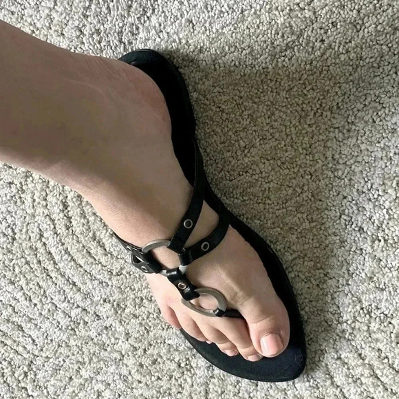 Stuart Weitzman Black Flat Sandals with silver metal accents - Picture 2 of 9